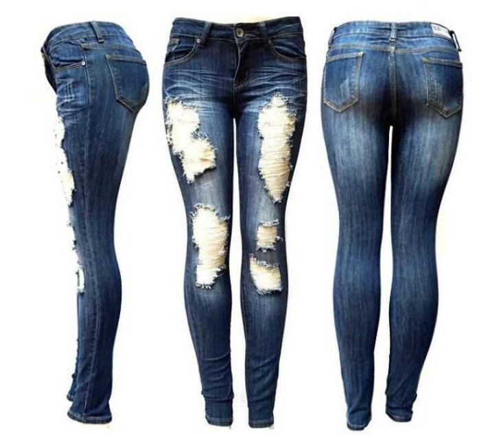 Women Jeans Sheath Pencil Pants Mid Waist Holes Ankle Length Solid Skinny Distressed Denim Zipper Fly Pockets Streetwear