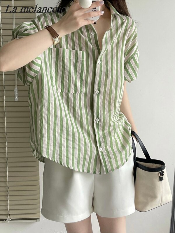 Женская хлопковая рубашка в полоску, с отложным воротником и длинными рукавами, свободная блузка на пуговицах, лето 2024