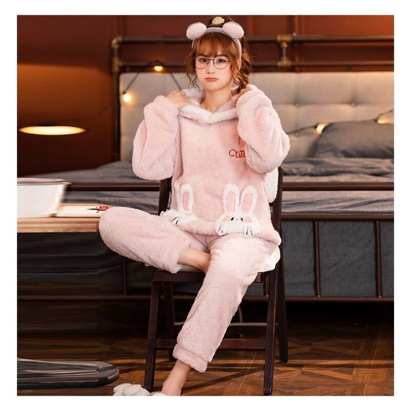 Famale Autumn Winter Plush Thick Cute Cartoon Pullover Hooded Flannel Coral Velvet Pajamas Women's Home Wear Set Girl Loungewear