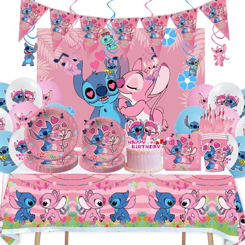 Disney Pink Interstellar Stitch Angel Birthday Party Decoration Flag Pulling Balloon Cake Flag Insertion Spiral Set Supplies