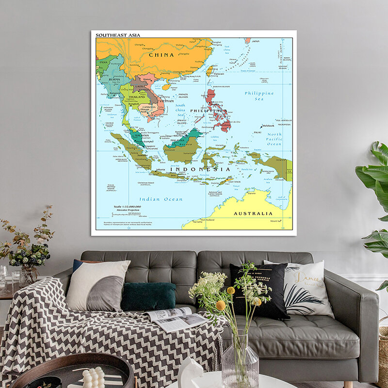 Peinture sur toile de la carte de l'asie du sud-est en anglais, Distribution politique, affiche d'art mural, décoration de la maison imprimée, 150x150cm