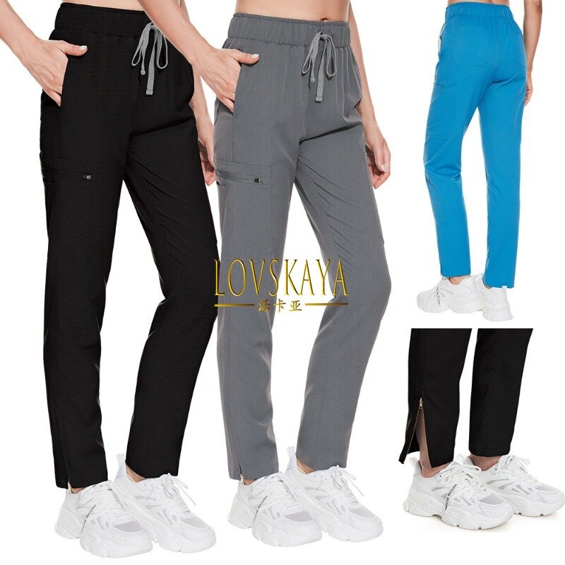 Comfortable and casual multi-color zippered straight leg pants with elastic waist doctors hospitals beauty salons and work pants