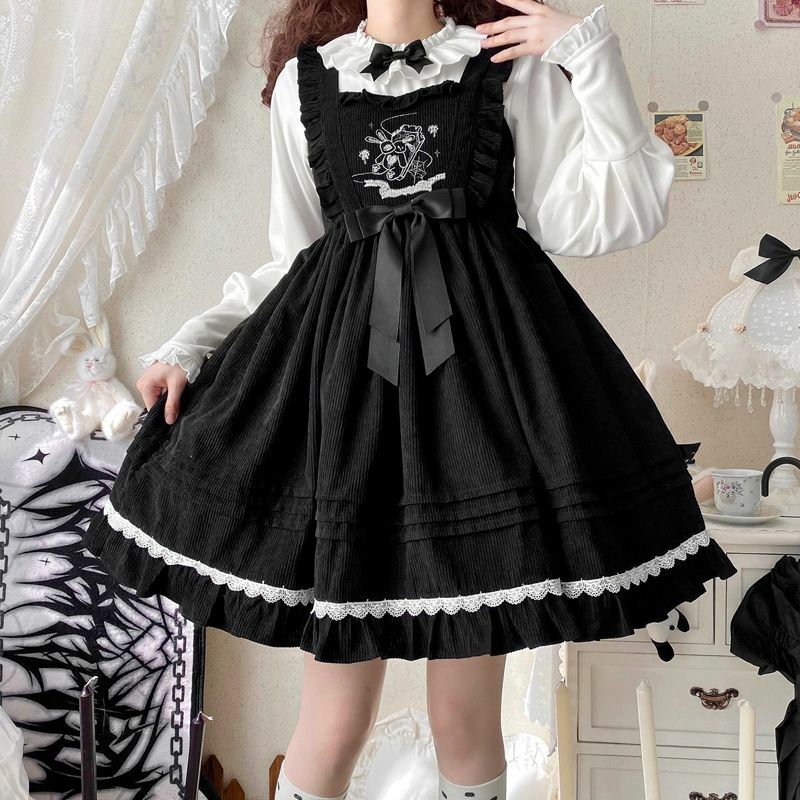 Coalfell {Stock}~Original Design Cute Winter Rabbit Bowknot Lolita Women JSK Strap Black Dress Autumn/Winter Mini Dress Vestido