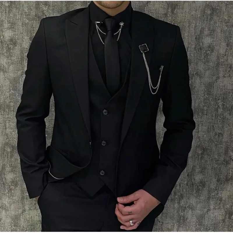 Conjuntos de blazer formal masculino de lapela pico, ternos negros, festa de baile de casamento, fantasia personalizada de 3 peças de alta qualidade, 1 botões