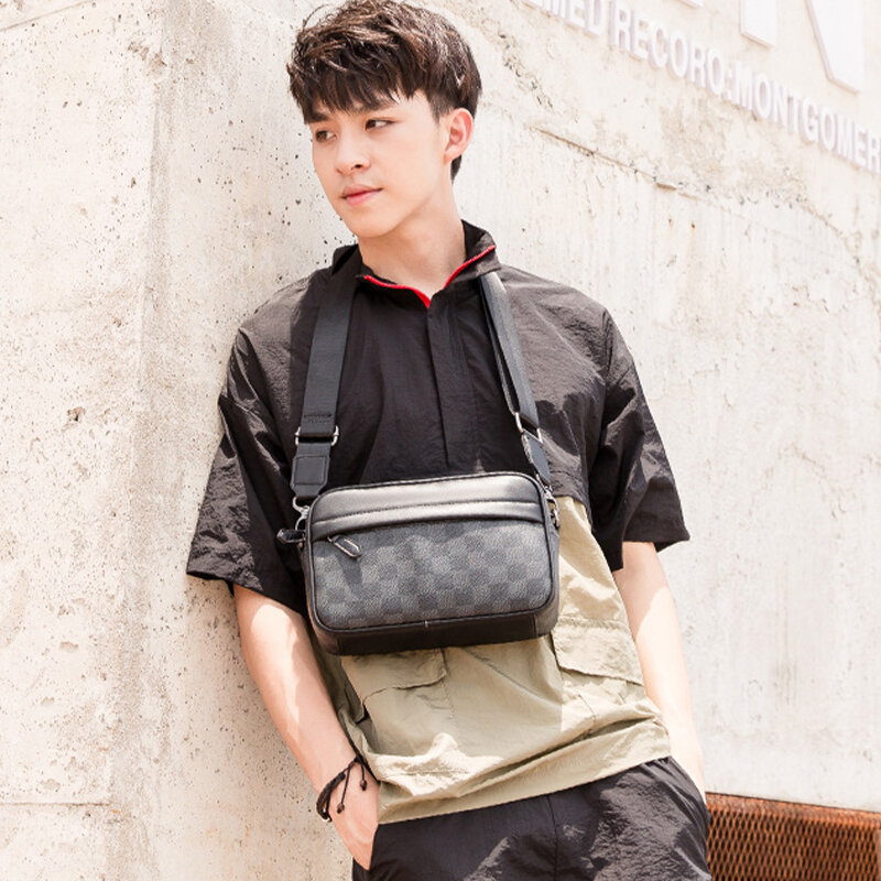 Tas selempang untuk pria kulit Pu hitam tas selempang tas Messenger Grid Fashion Korea musim panas