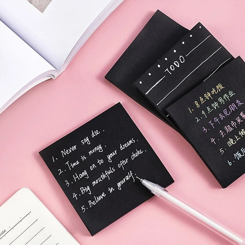 50 Sheets Creative Black Minimalist Sticky Notes Message And Note Paper Solid Color Memo Notebook