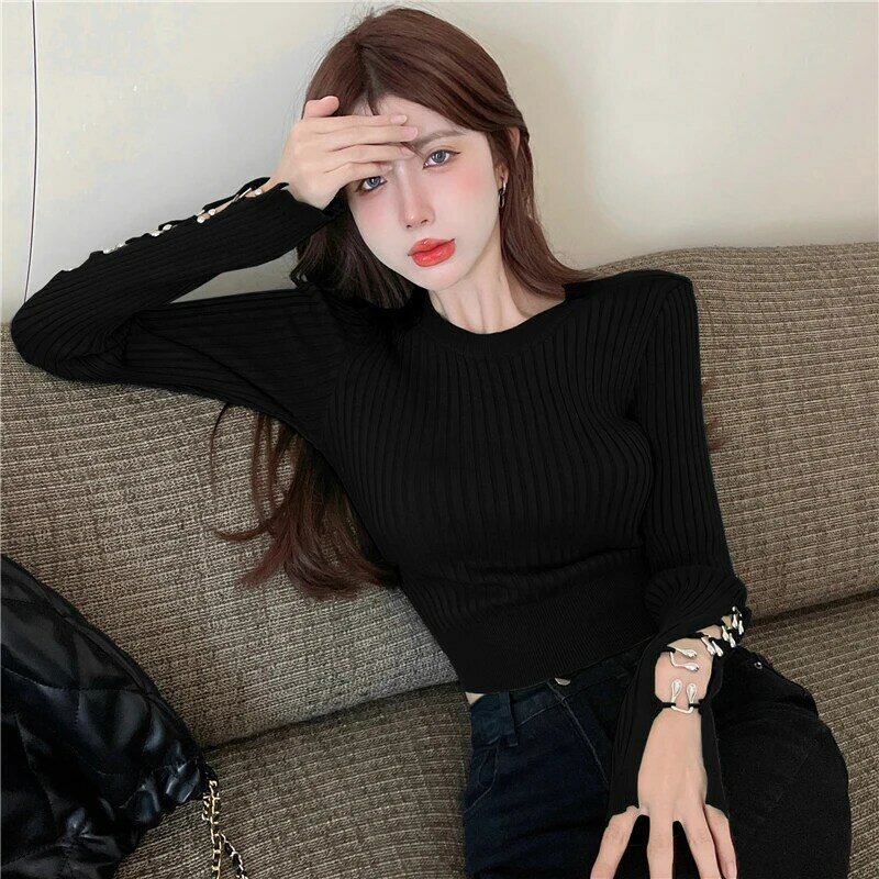 Black Elastic Knitted Top Women's 2023 Spring Autumn Hollow Sexy Slim Long-sleeved Grunge Tee Tops Korean Autumn Chic