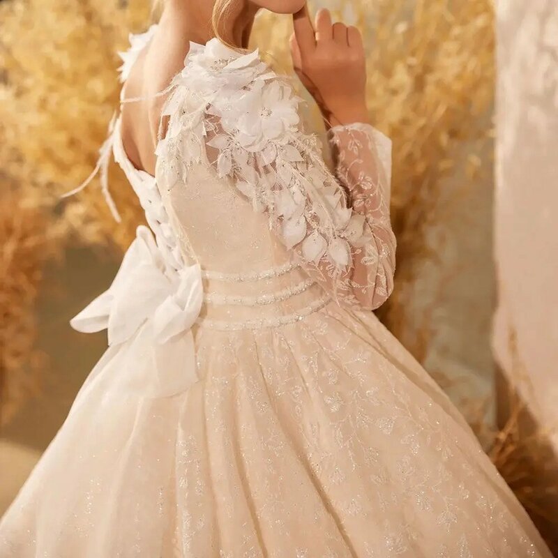 Lujoso vestido de niña de flores de manga larga con apliques de plumas y perlas de lentejuelas para boda, vestido de fiesta de cumpleaños de primera eucarista para niños