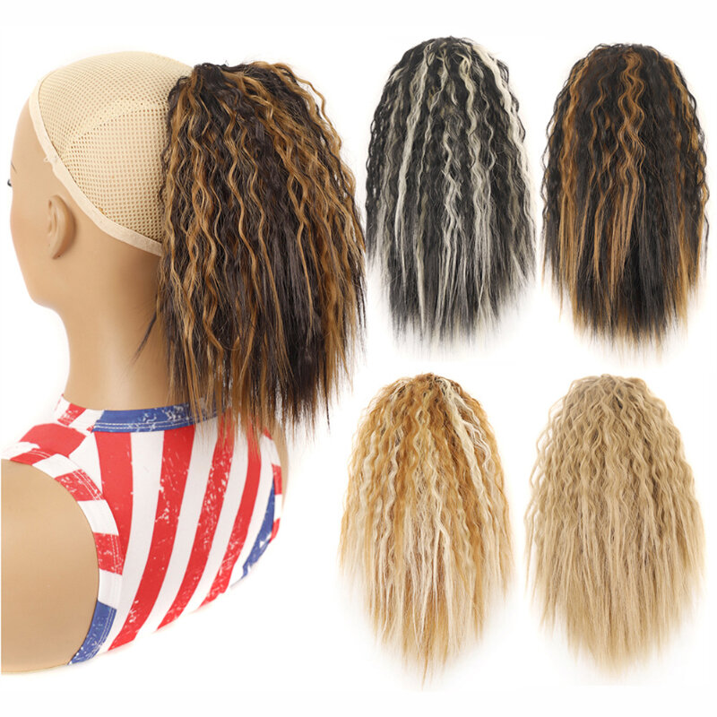 Onda de milho perucas sintéticas para mulheres, extensão rabo de cavalo encaracolado, perucas naturais, peruca sem cola, acessórios para perucas, 28cm