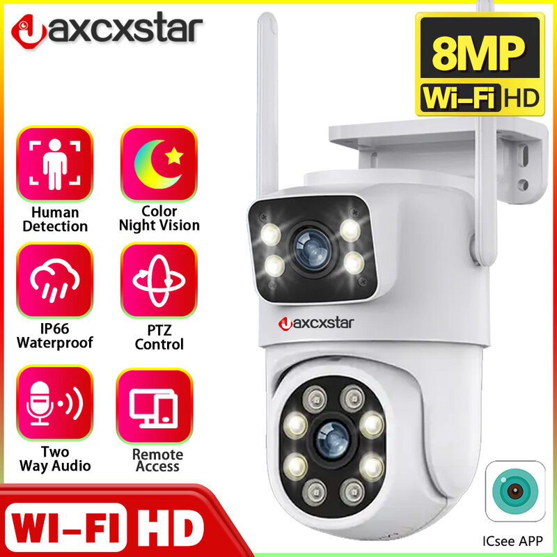 Zewnętrzny 4K 8MP PTZ kamera Wifi ekran podwójny obiektyw automatyczne śledzenie ochrony bezpieczeństwo zewnętrzne CCTV monitoring 4MP kamera iCSee
