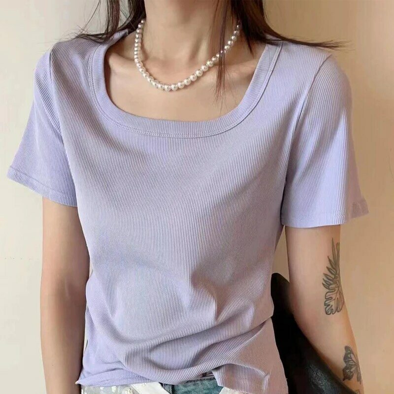 Trendy  5A antibacterial thread square collar high elastic T-shirt high elastic simple all match Solid  Version Top Sim  Student