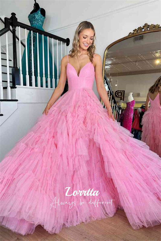 Lorrtta-ピンクの繊細なチュールボールガウン、スパゲッティストラップ、ティアードアララインイブドレス、裸の肩、ハートネック、誕生日ドレス