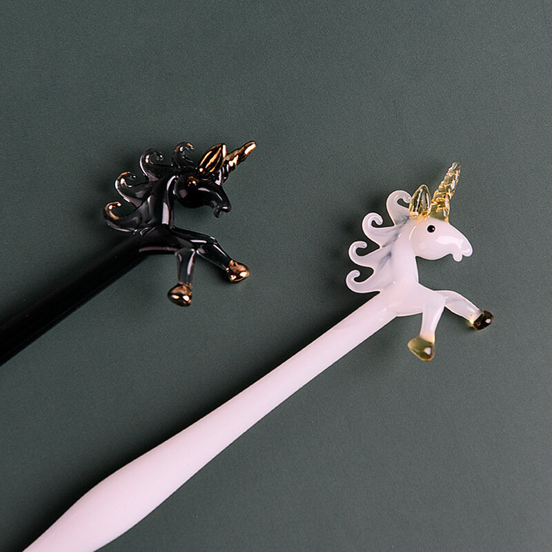 Kreatif Unicorn Buatan Tangan Set Pena Celup Kaca Kristal Pasangan Penholder Kaligrafi Air Mancur Pena Tanda Tangan Lucu Hadiah Mengisi Tinta