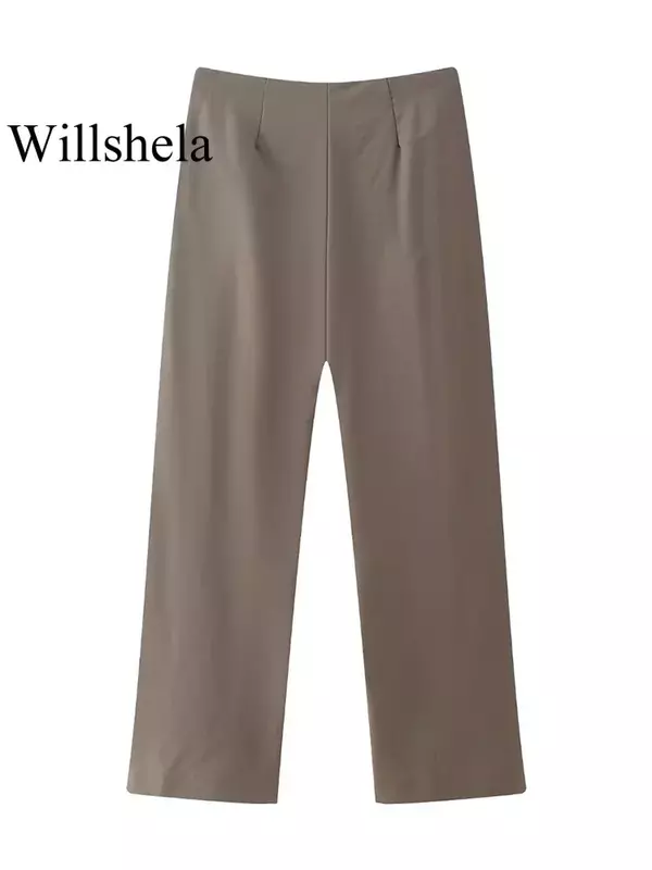 Kobiety Willshela modny dwuczęściowy zestaw brązowe plisowane topy z dekoltem i proste spodnie w stylu Vintage elegancki spodnie damskie garnitur damski