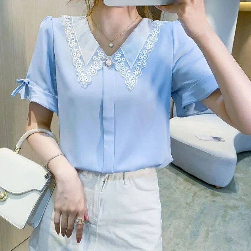 Elegante Spitze Patchwork Shirt Tops Sommer neue Kurzarm Knopf solide All-Match Büro Bluse Mode lässige Frauen kleidung