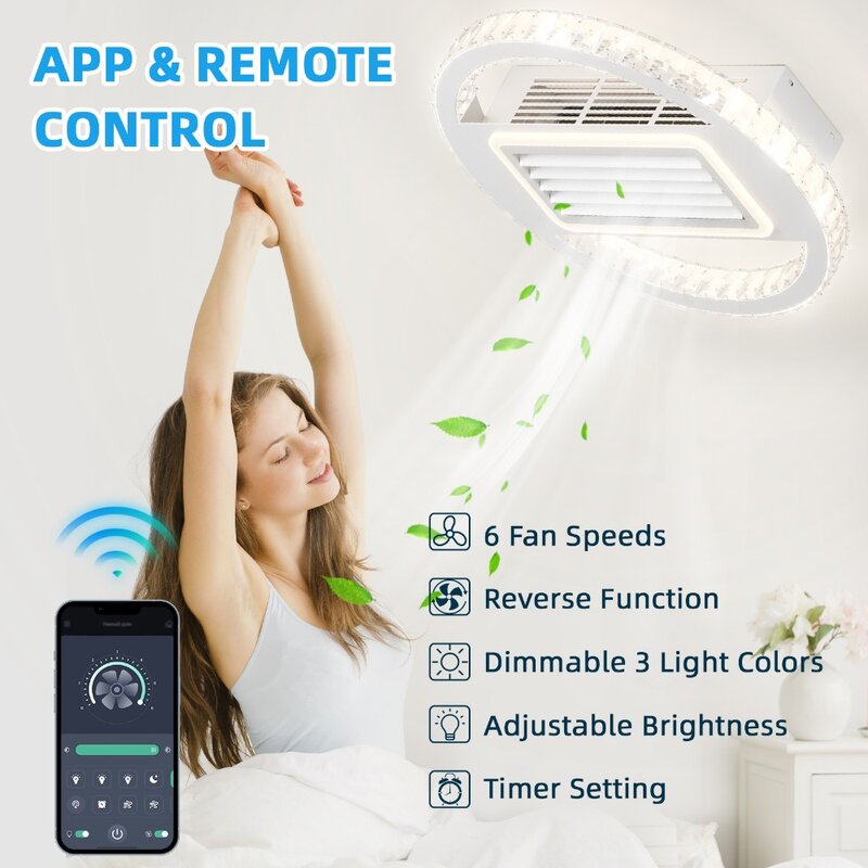 Ceiling Fan with Lights, 21Inches Bladeless Remote Control Dimmable LED, 6 Gear Wind Speed Fan Light, Ceiling Fan