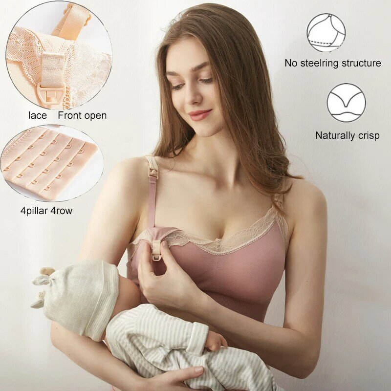 Sujetador de lactancia frontal abierto sin aros para mujeres embarazadas, sostén de maternidad sin costuras, de encaje suave y transpirable