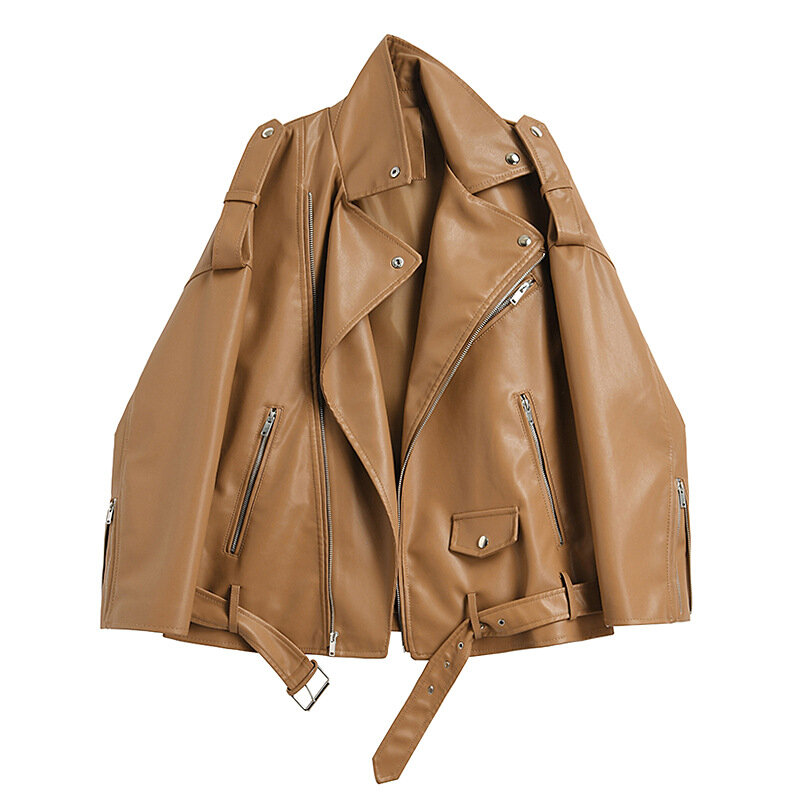 Jaket kulit imitasi wanita, mantel kasual longgar musim semi musim gugur untuk sepeda motor lokomotif dengan sabuk