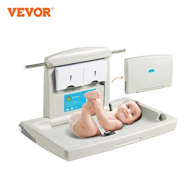 VEVOR Wall-Mounted Baby Changing Station Horizontal Foldable Diaper Change Table w/ Safety Straps and Hanging Rods for Newborns