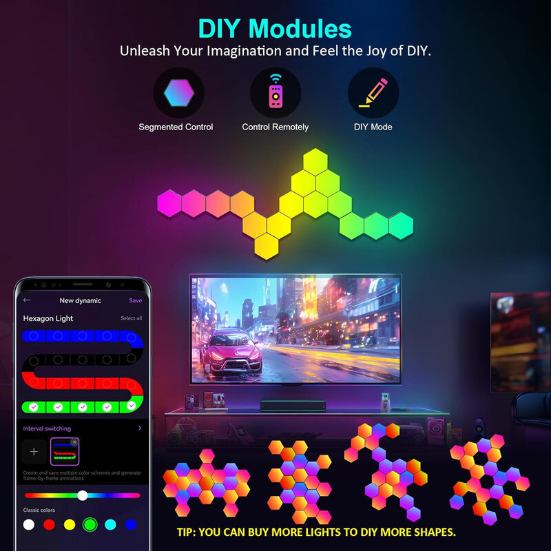 RGBW 지능형 육각 벽 램프, 색상 변경 주변 야간 조명, 육각 모양, 게임 룸 침실용 DIY 음악 동기화 앱