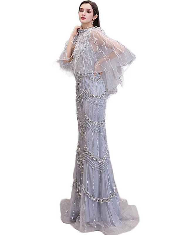 Oisslec gaun malam manik-manik gaun Prom dengan bulu Cape Fromal gaun ketat selebriti gaun pesta mewah disesuaikan