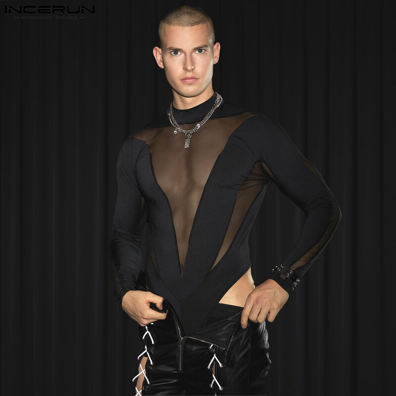 Incerun-bodysuits de malha patchwork masculino, gola alta, manga comprida, macacão masculino, camiseta transparente, streetwear, moda, 2023