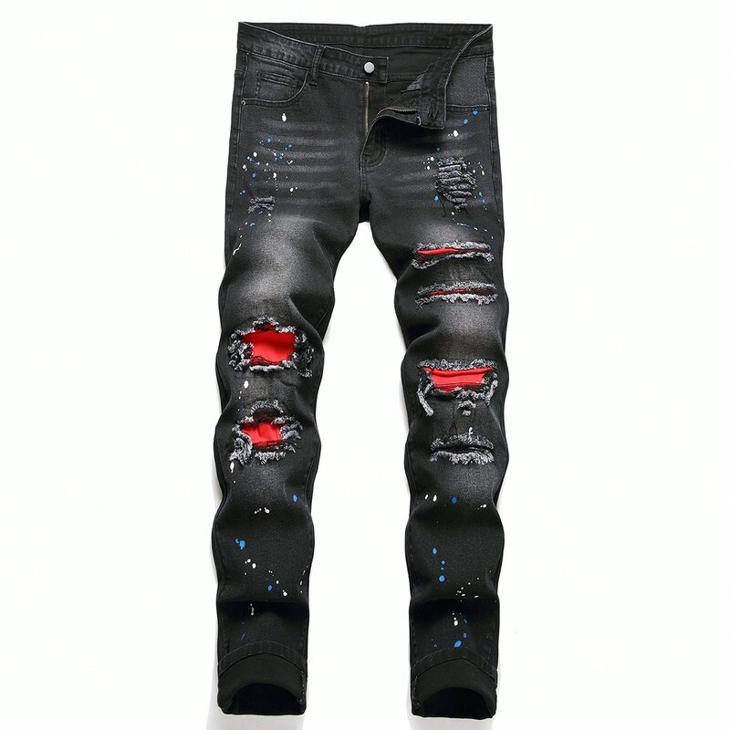 Jeans kurus sobek untuk pria, celana Jin warna hitam pas badan, Jeans motif kartun bordir pengendara sepeda motor ketat berkualitas tinggi