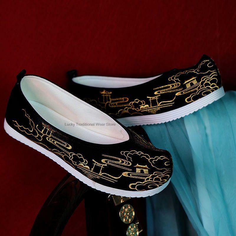 Hanfu sepatu uniseks Pria Wanita gaya Oriental sepatu sulaman klasik Vintage tua Beijing kasual kuno