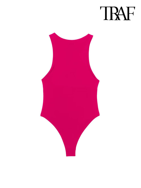 TRAF Bodysuit kurus wanita, pakaian bermain Wanita kancing jepret tanpa lengan seksi dengan leher Halter