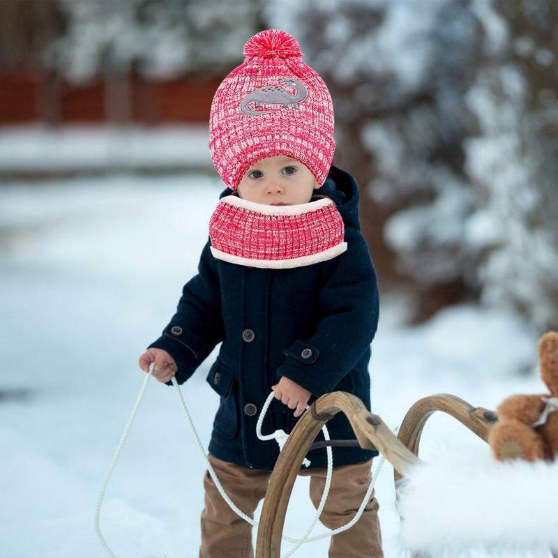 ผ้าพันคอหมวกฤดูหนาวถักด้วยถุงมือชุดฤดูหนาวลายไดโนเสาร์น่ารักผ้าพันคอสำหรับเด็กหญิงเด็กชาย2-8ฤดูหนาว