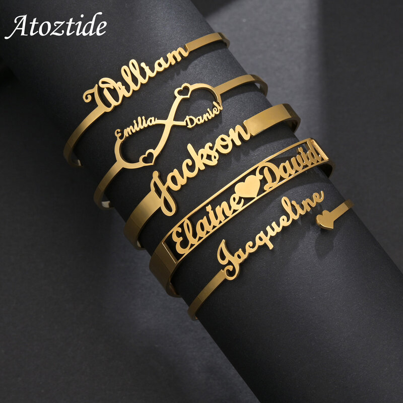 Персонализированный именной браслет Atoztide из нержавеющей стали для женщин и мужчин, циркониевые браслеты с буквами на заказ, рождественские украшения, подарок