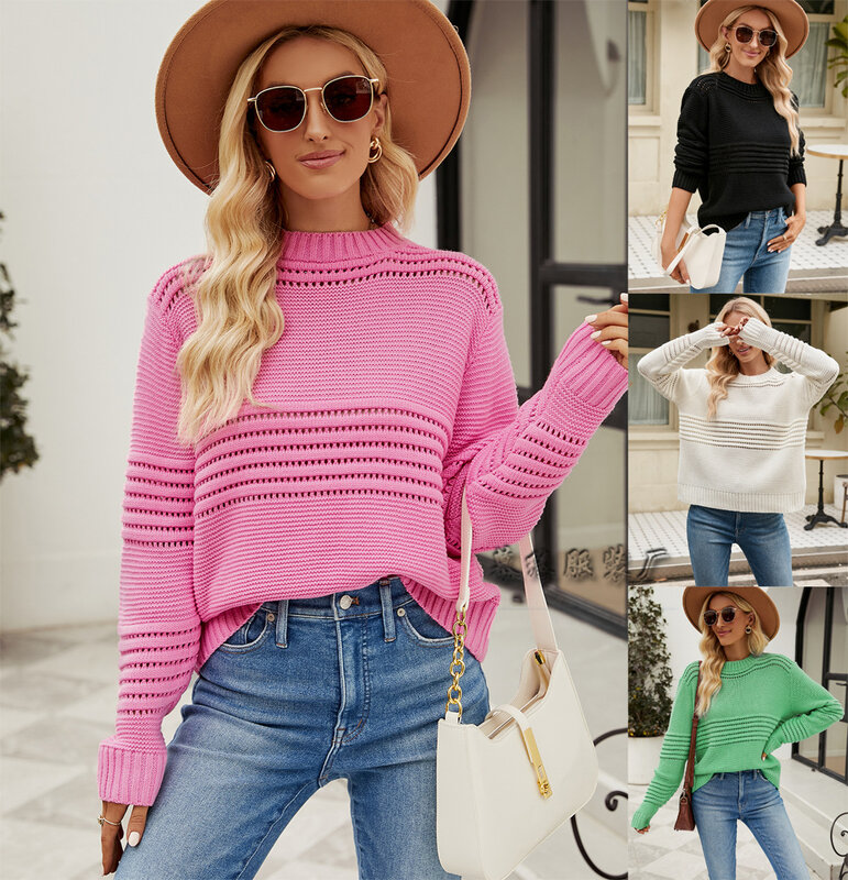 Pink Knit Sweater Y2K Long Sleeve Top Vintage Pullovers Korean Fashion Streetwear Autumn Women's Clothing Sueter White Outfit