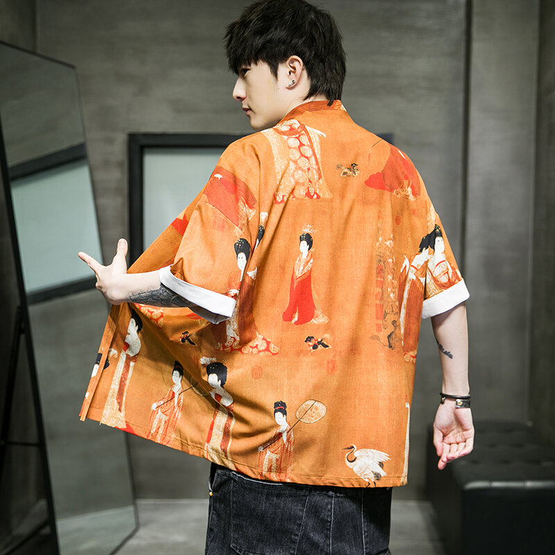 Traje de moda Pintura China Hanfu Mens Estilo Chino Robe Cardigan Chaqueta de Gran Tamaño Kimono 5XL Antiguo Abrigo Masculino