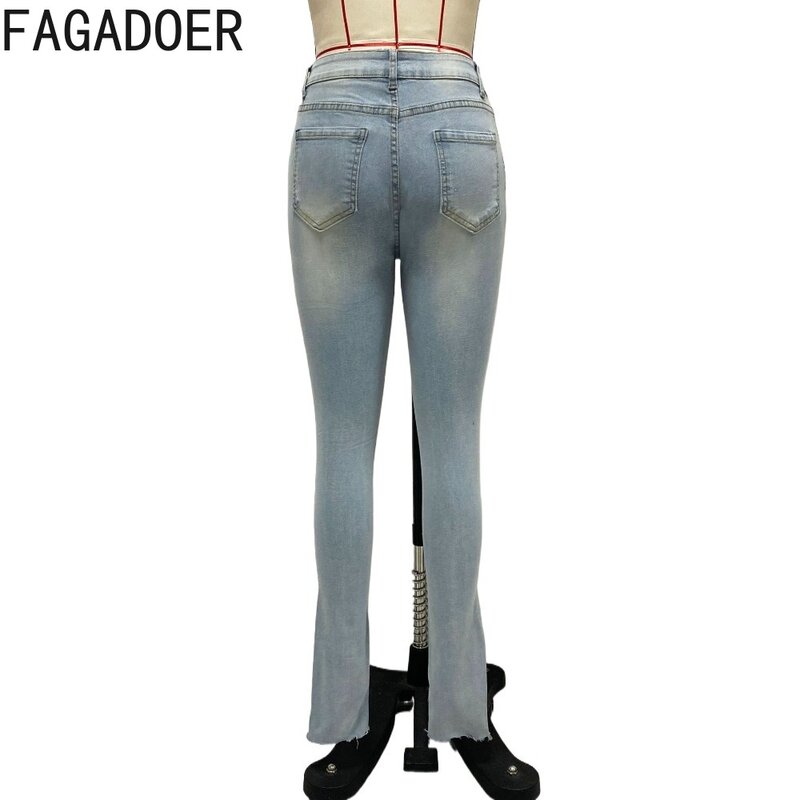 Fagadoer-ライトブルーデニムペンシルパンツ、穴あきハイウエストジーンズ、伸縮性、カウボーイスタイル、ファッション