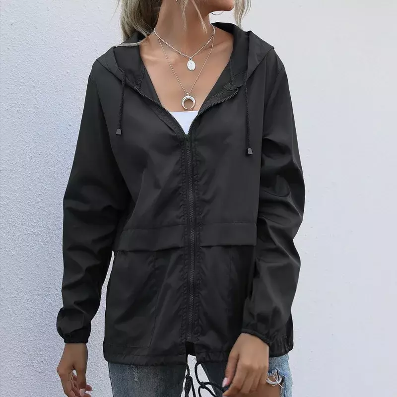 Черная весенняя куртка HOUZHOU, Женская ветровка на молнии, уличные куртки с капюшоном, модная верхняя одежда большого размера в стиле Харадзюку