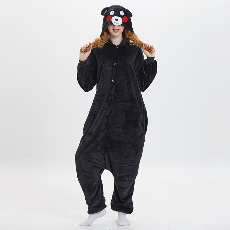 Black and White Kumamoto Mascot Image Pajamas Cute Personalized Women's Home and Leisure Clothing Cold-proof Plush Shell Suit