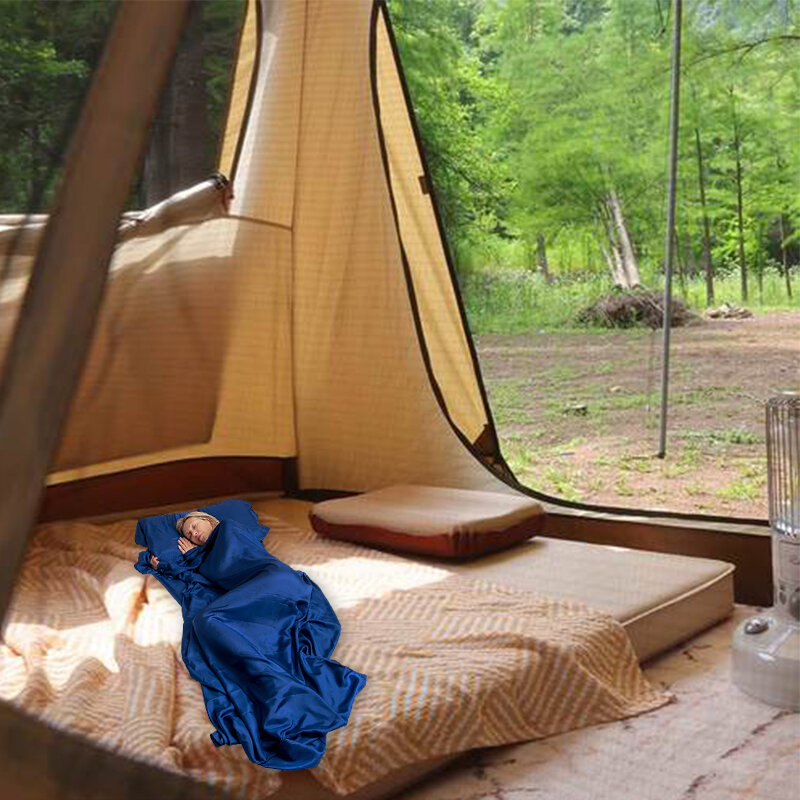 Forro de saco de dormir suave de seda con bolsillo de almohada, Sábana de viaje ligera portátil para acampar en hoteles, 1 unidad
