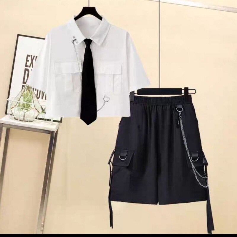Pantalones cortos de dos piezas para mujer, camisa de manga corta, abrigo informal, traje