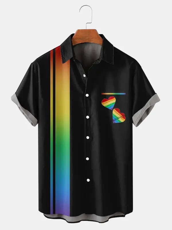 Camisa de bolso de manga curta masculina, gráfico arco-íris, tops casuais, novo