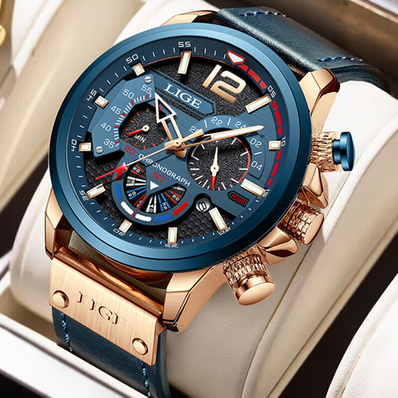 LIGE 남성용 비즈니스 가죽 시계, 탑 브랜드 럭셔리 오리지널 방수 쿼츠 시계, 신제품