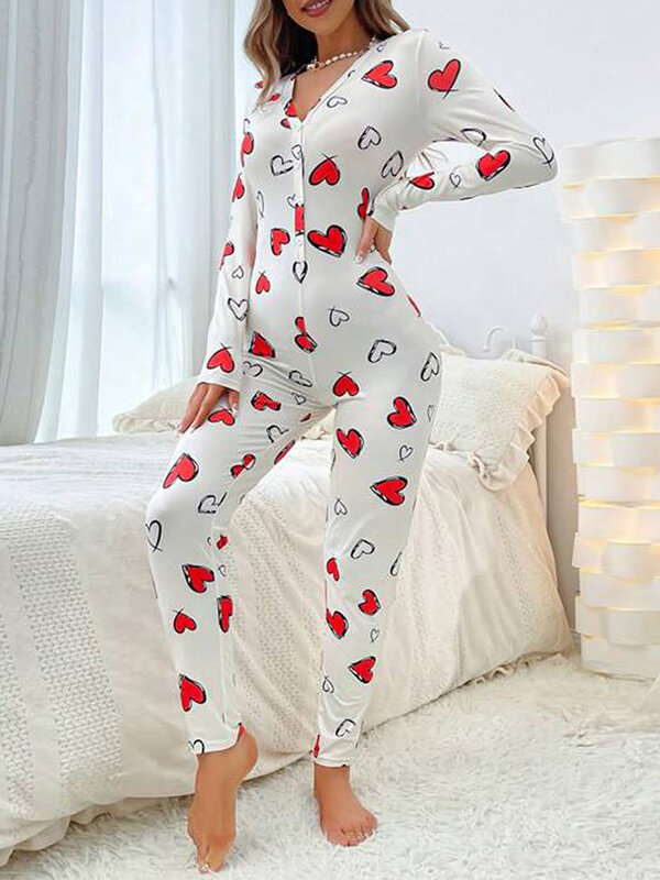Dames Valentijnsdag Hartenprint Loungewear Jumpsuit Lange Mouw V-Hals Voor Knoop Bodycon Pyjama