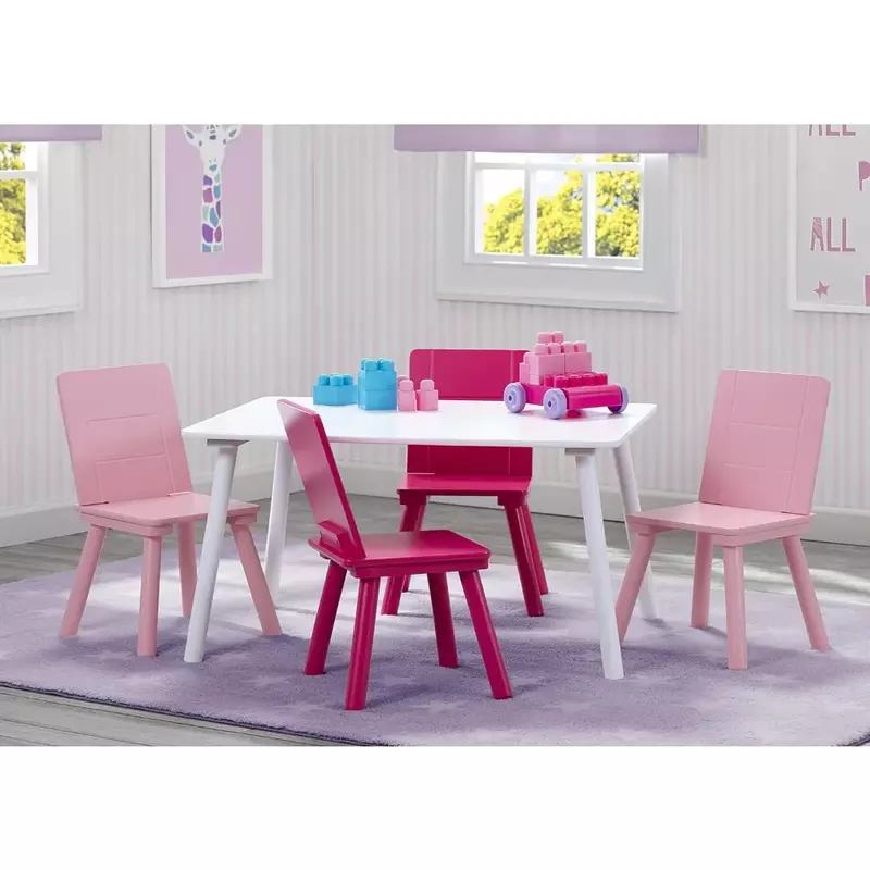 Conjunto de mesa e cadeira de madeira infantil ideal para artesanato, hora do lanche, escola em casa, branco e rosa, 4 cadeiras incluídas