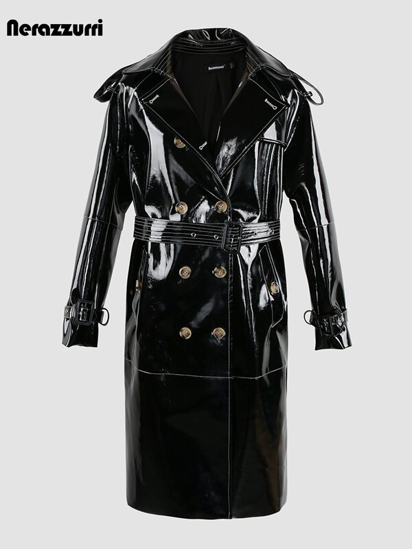 Nerazzurri-Casaco longo e brilhante de couro PU feminino com cinto, peito duplo, roupas de grife de luxo, preto, vermelho, outono, 2023