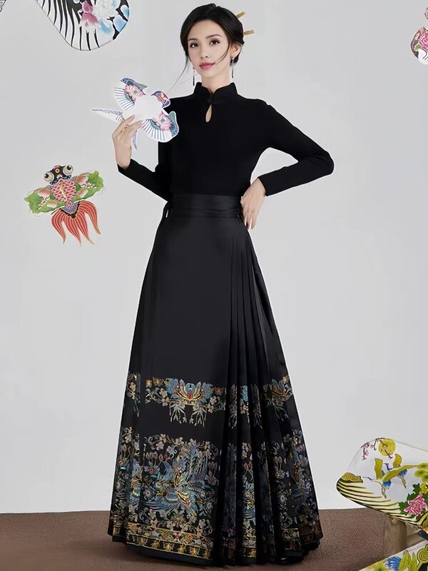 Оригинальная китайская юбка Hanfu с изображением лошади династии Мин, Женская Китайская традиционная юбка с вышивкой, осенняя юбка с изображением лошади и пони