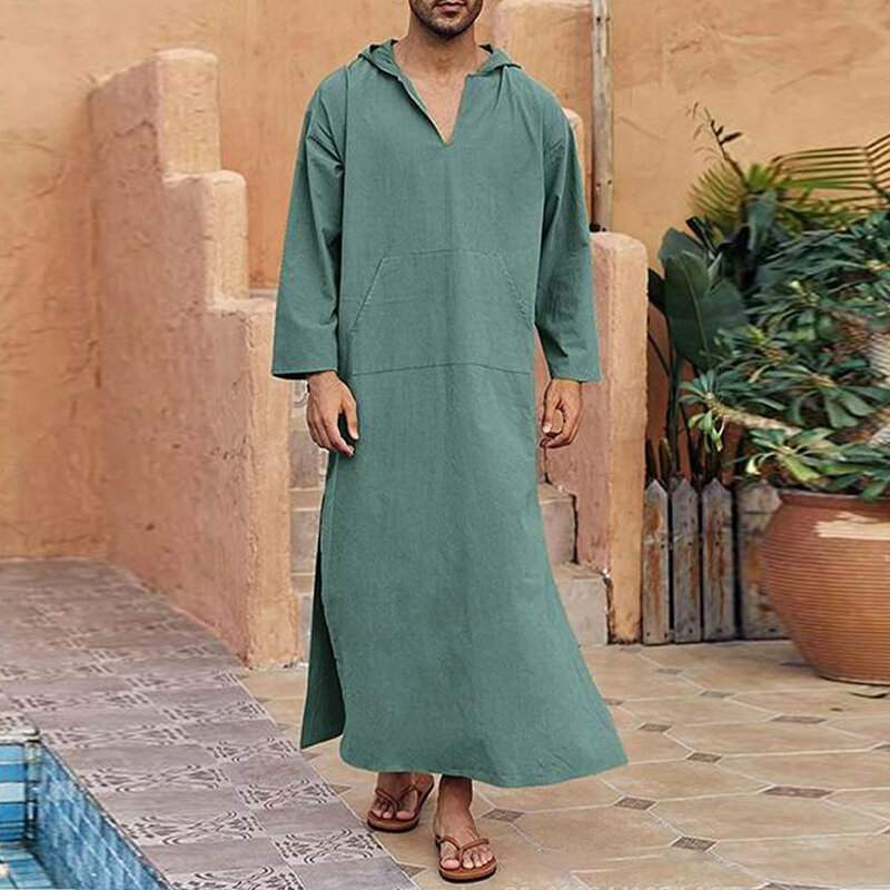 Jubba Thobe Kaftan musulmán árabe islámico para hombre, túnica de lino y algodón de manga corta con cuello en V, moda musulmana de Arabia, abaya, novedad de 2024