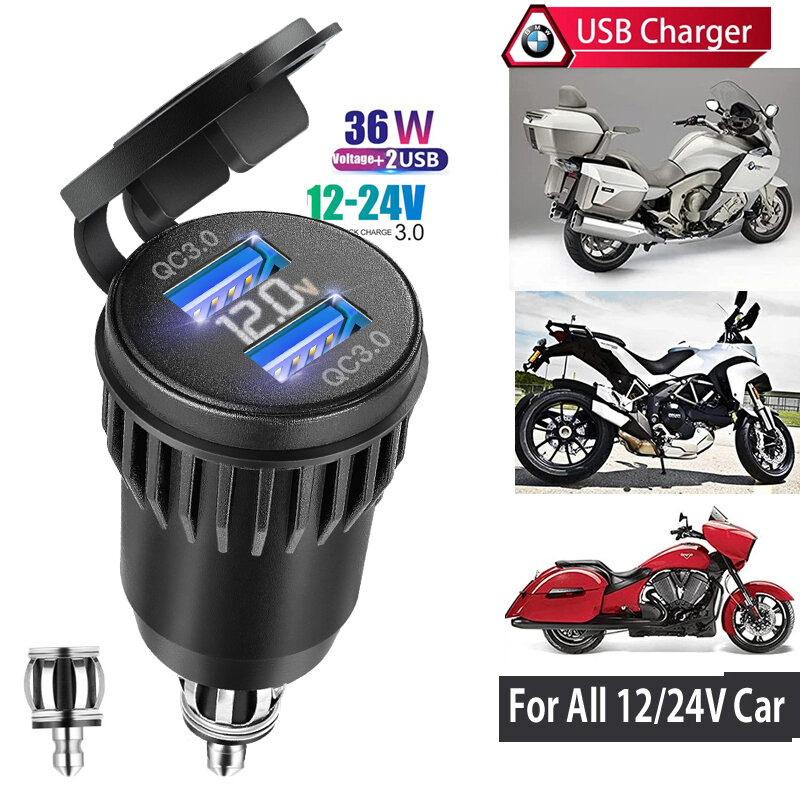 Pengisi daya Cepat USB Din ke USB dan Power Outlet 18W QC 3.0 dengan Voltmeter untuk sepeda motor BMW Ducati 12v-24v