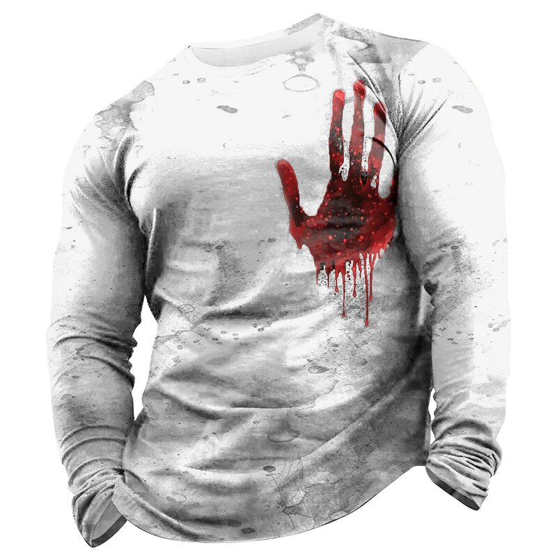 Camiseta de manga comprida com gola redonda estampada masculina, tops retrô com estampa completa, moda outono e inverno