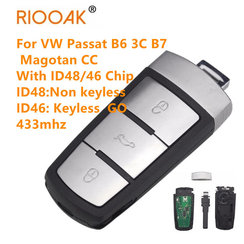 RIOOAK VW 파사트 B6 3C B7 마고탄 CC용 키리스 자동차 원격 키, 3 버튼, ID48 ID46 칩, 3C0959752BA, 3C0959752BG, 433mhz