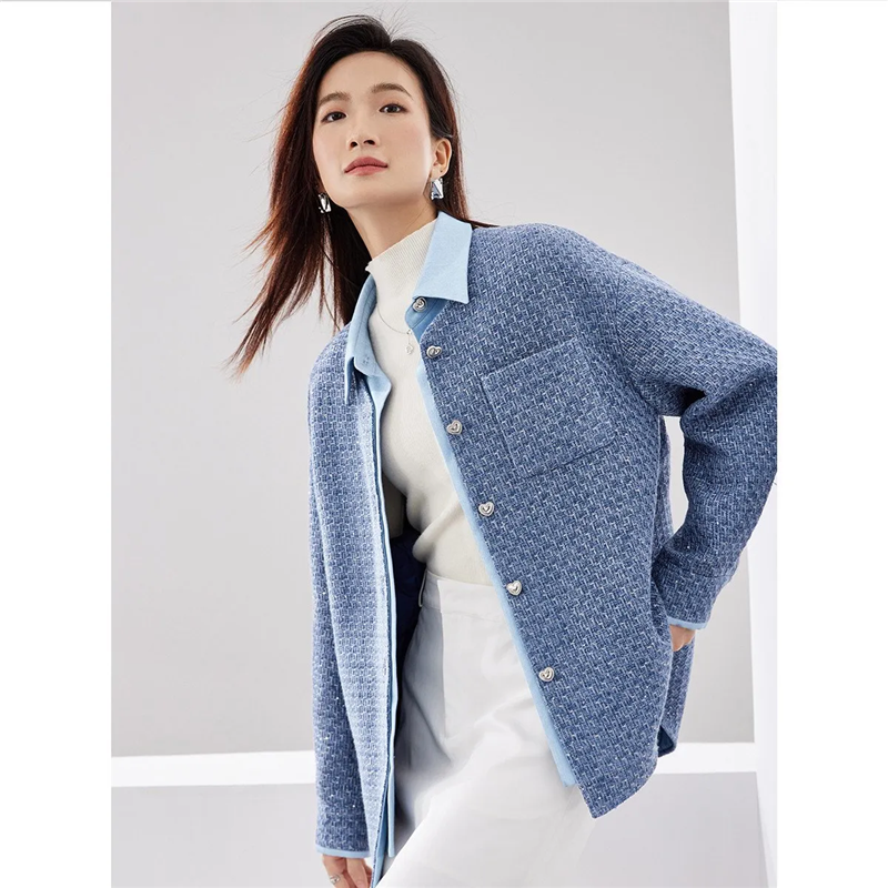 Spring Autumn Mid-Long Fake Two Pieces Coat Women 2024 New Fashion Loose Casual Jacket Button Pure Colour Blue Outerwear Female