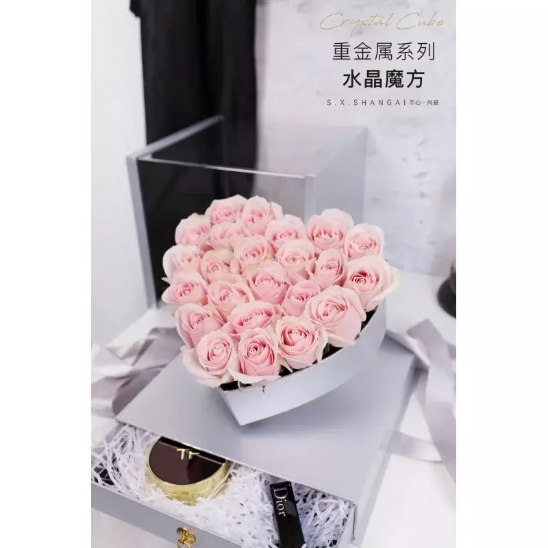 Caja de flores de ventana completa acrílica cuadrada de lujo personalizada, caja de rosas en forma de corazón en el interior, caja de regalo para el Día de San Valentín con cajón An